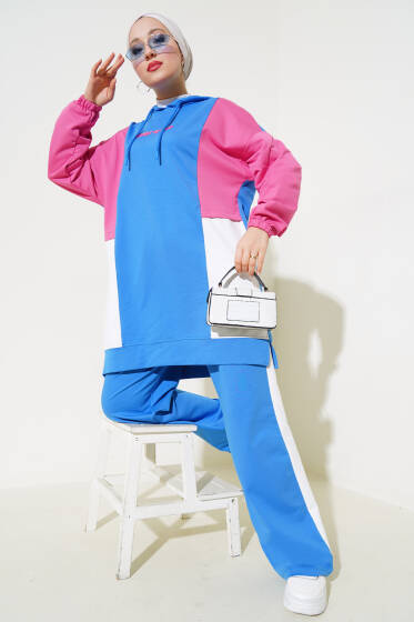 Kapüşonlu Baskılı Tunik İkili Takım Mavi - İkili Takım