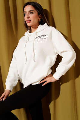 Kapüşonlu Baskılı Üç İplik Sweatshirt Ekru - HELLIE