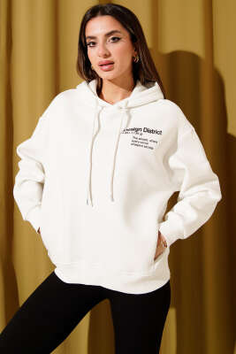 Kapüşonlu Baskılı Üç İplik Sweatshirt Ekru - Kadın Giyim Modelleri