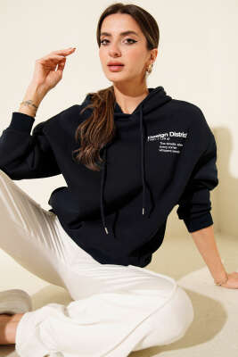 Kapüşonlu Baskılı Üç İplik Sweatshirt Lacivert - HELLIE