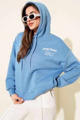 Kapüşonlu Baskılı Üç İplik Sweatshirt Mavi - Kadın Giyim Modelleri