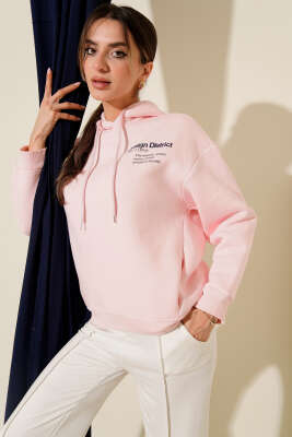 Kapüşonlu Baskılı Üç İplik Sweatshirt Pembe - HELLIE