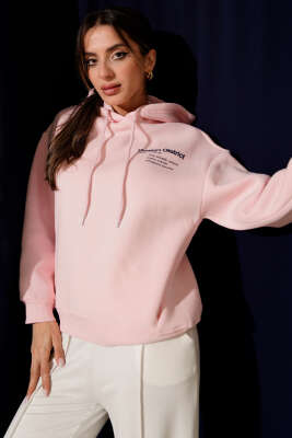 Kapüşonlu Baskılı Üç İplik Sweatshirt Pembe - Kadın Giyim Modelleri