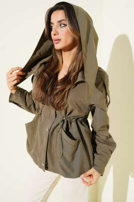 Kapüşonlu Bel Lastikli Kısa Trençkot Haki - Kadın Giyim Modelleri