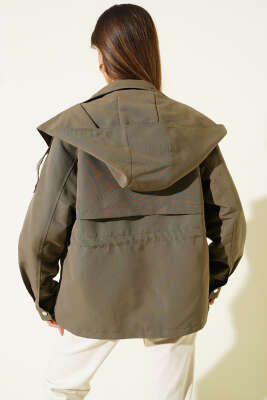 Kapüşonlu Bel Lastikli Kısa Trençkot Haki - Kadın Giyim Modelleri