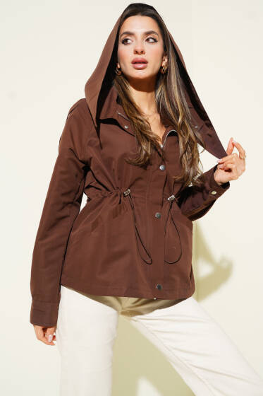 Kapüşonlu Bel Lastikli Kısa Trençkot Kahve - Kadın Giyim Modelleri