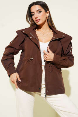 Kapüşonlu Bel Lastikli Kısa Trençkot Kahve - Kadın Giyim Modelleri