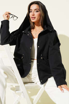 Kapüşonlu Bel Lastikli Kısa Trençkot Siyah - Kadın Giyim Modelleri