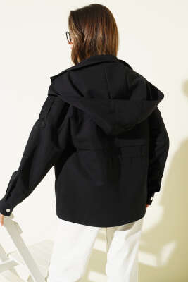 Kapüşonlu Bel Lastikli Kısa Trençkot Siyah - Kadın Giyim Modelleri