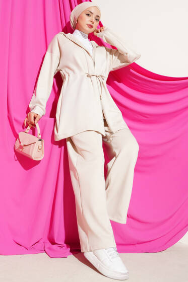 Kapüşonlu Bel Tünelli Bağcıklı İkili Takım Bej - İkili Takım