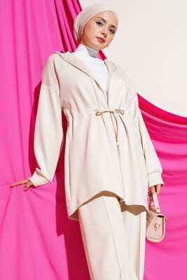 Kapüşonlu Bel Tünelli Bağcıklı İkili Takım Bej - İkili Takım