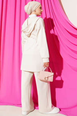 Kapüşonlu Bel Tünelli Bağcıklı İkili Takım Bej - İkili Takım