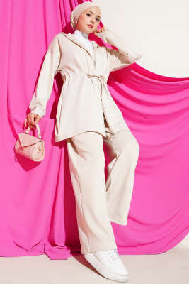 Kapüşonlu Bel Tünelli Bağcıklı İkili Takım Bej 