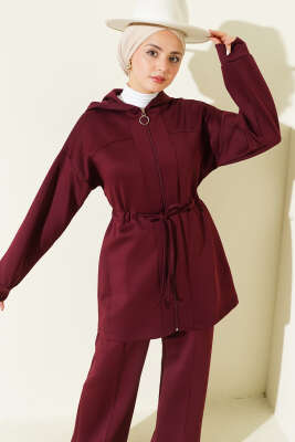 Kapüşonlu Bel Tünelli Bağcıklı İkili Takım Bordo - İkili Takım