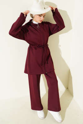 Kapüşonlu Bel Tünelli Bağcıklı İkili Takım Bordo 