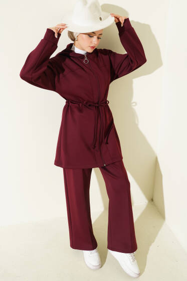 Kapüşonlu Bel Tünelli Bağcıklı İkili Takım Bordo - Scuba Ürünler