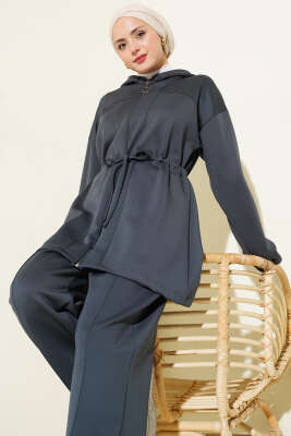 Kapüşonlu Bel Tünelli Bağcıklı İkili Takım Füme - İkili Takım