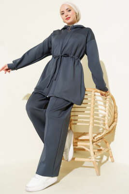 Kapüşonlu Bel Tünelli Bağcıklı İkili Takım Füme 