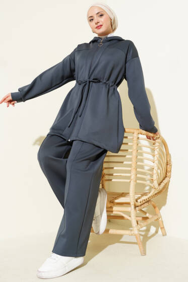 Kapüşonlu Bel Tünelli Bağcıklı İkili Takım Füme - Scuba Ürünler