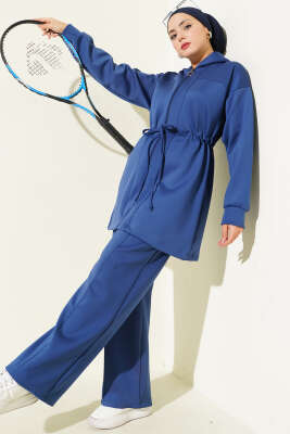 Kapüşonlu Bel Tünelli Bağcıklı İkili Takım Lacivert 