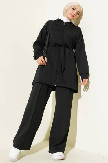 Kapüşonlu Bel Tünelli Bağcıklı İkili Takım Siyah - İkili Takım