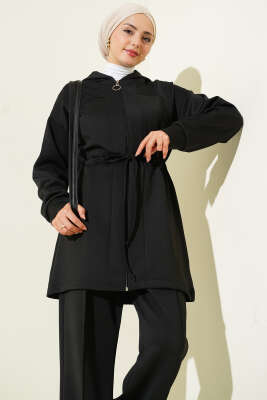 Kapüşonlu Bel Tünelli Bağcıklı İkili Takım Siyah - İkili Takım