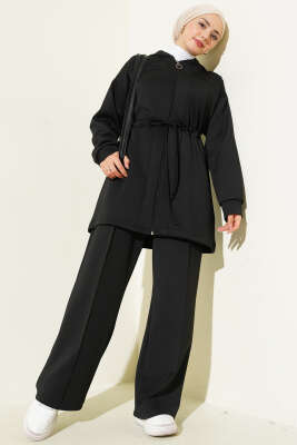 Kapüşonlu Bel Tünelli Bağcıklı İkili Takım Siyah - Scuba Ürünler