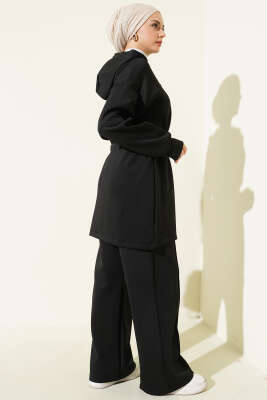 Kapüşonlu Bel Tünelli Bağcıklı İkili Takım Siyah - Scuba Ürünler