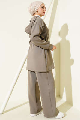 Kapüşonlu Bel Tünelli Bağcıklı İkili Takım Vizon - İkili Takım