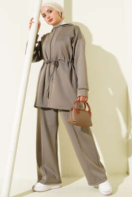 Kapüşonlu Bel Tünelli Bağcıklı İkili Takım Vizon 