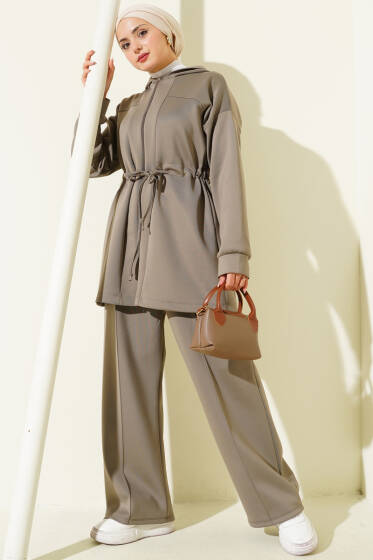 Kapüşonlu Bel Tünelli Bağcıklı İkili Takım Vizon - Scuba Ürünler