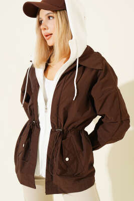 Kapüşonlu Bel Tünelli Paraşüt Ceket Kahve - Kadın Giyim Modelleri