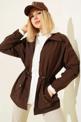 Kapüşonlu Bel Tünelli Paraşüt Ceket Kahve - Kadın Giyim Modelleri