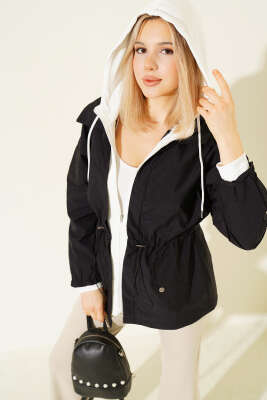 Kapüşonlu Bel Tünelli Paraşüt Ceket Siyah - LEVURE