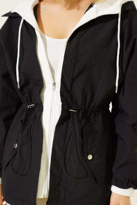 Kapüşonlu Bel Tünelli Paraşüt Ceket Siyah - Kadın Giyim Modelleri