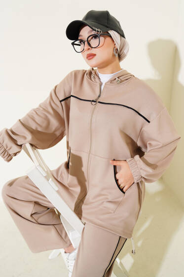 Kapüşonlu Biyeli Loyşa İkili Takım Bej - İkili Takım