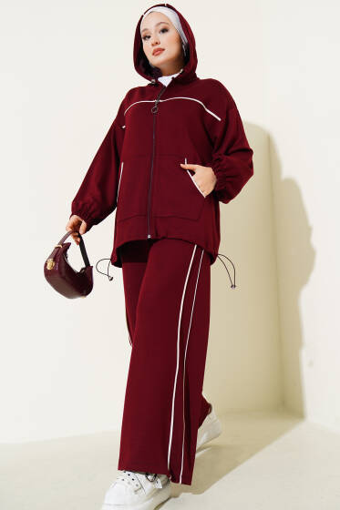Kapüşonlu Biyeli Loyşa İkili Takım Bordo - İkili Takım
