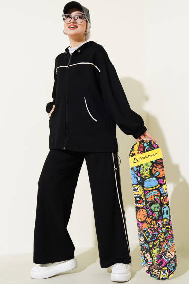 Kapüşonlu Biyeli Loyşa İkili Takım Siyah - İkili Takım