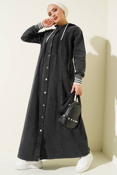 Kapüşonlu Boydan Düğmeli Kot Elbise Füme - Tesettür Elbise