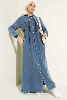 Kapüşonlu Boydan Düğmeli Kot Elbise Kot - Tesettür Elbise