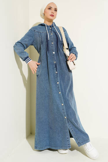 Kapüşonlu Boydan Düğmeli Kot Elbise Kot - Tesettür Elbise