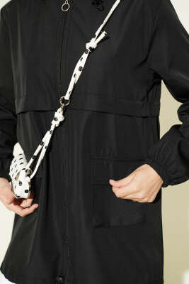 Kapüşonlu Boydan Fermuarlı Kap Siyah - Dış Giyim&Mont
