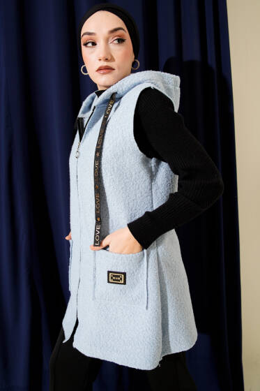 Kapüşonlu Buklet Yelek Bebe Mavi - Yelek