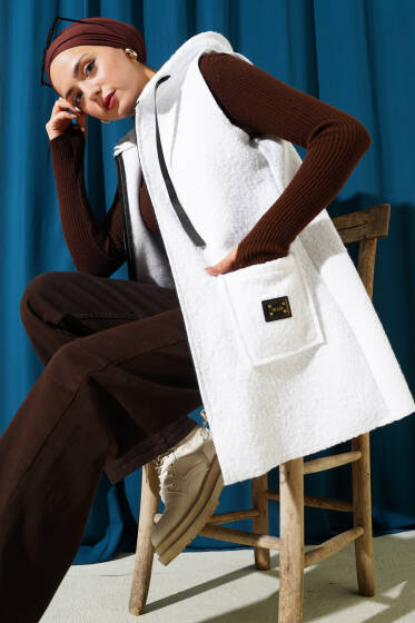 Kapüşonlu Buklet Yelek Beyaz - Yelek