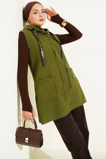 Kapüşonlu Buklet Yelek Haki - Yelek