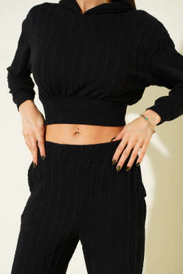 Kapüşonlu Büzgü Detaylı İkili Takım Siyah - Kadın Giyim Modelleri