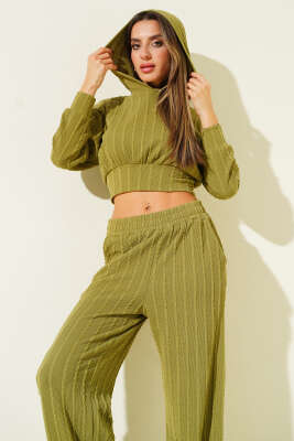 Kapüşonlu Büzgü Detaylı İkili Takım Yeşil - Kadın Giyim Modelleri