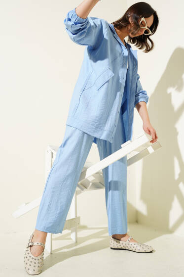 Kapüşonlu Cep Kapaklı İkili Takım Bebe Mavi - İkili Takım