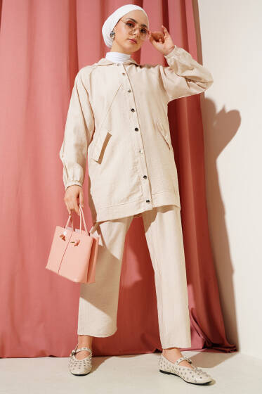 Kapüşonlu Cep Kapaklı İkili Takım Bej - İkili Takım