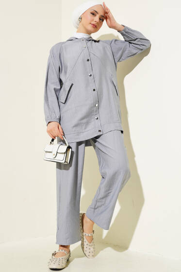 Kapüşonlu Cep Kapaklı İkili Takım Gri - İkili Takım